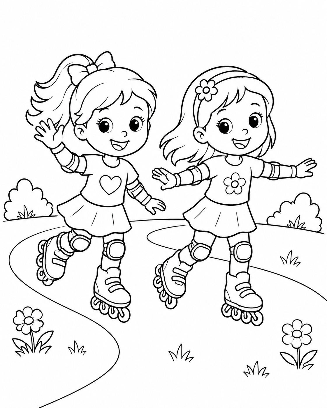 Two Girls Rollerblading Coloring Page coloring page
