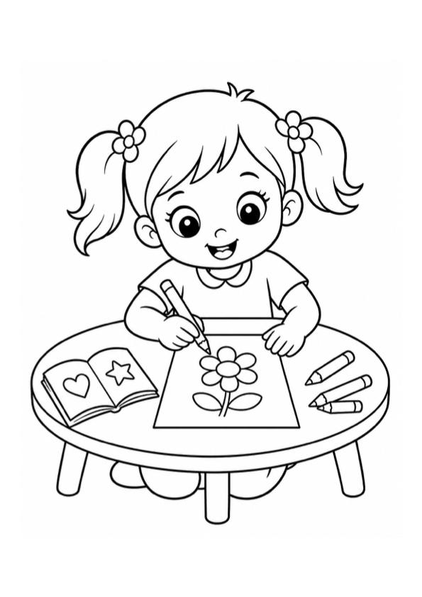 Little Girl Drawing a Flower Coloring Page coloring page preview