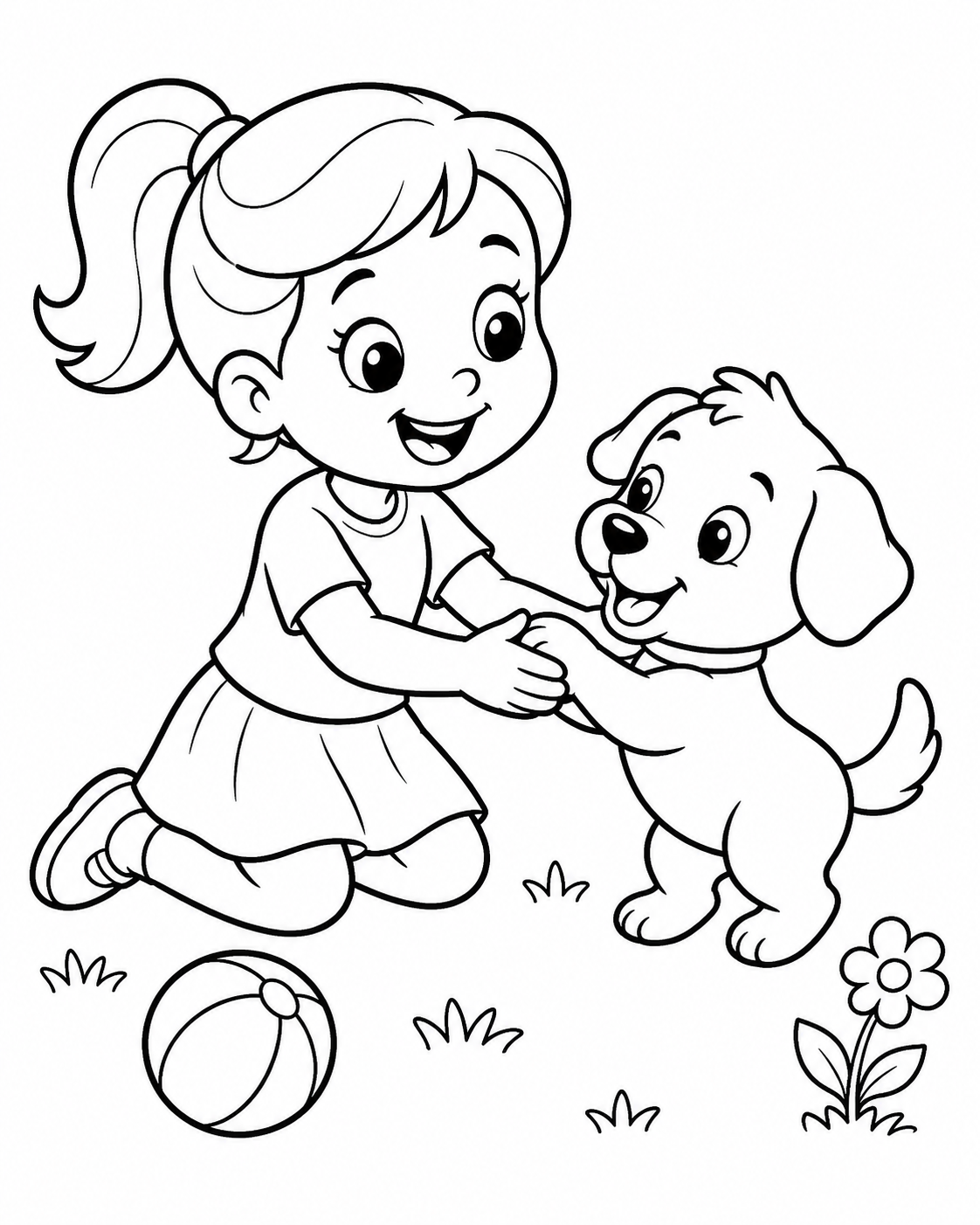 Girl Playing with a Puppy Coloring Page coloring page