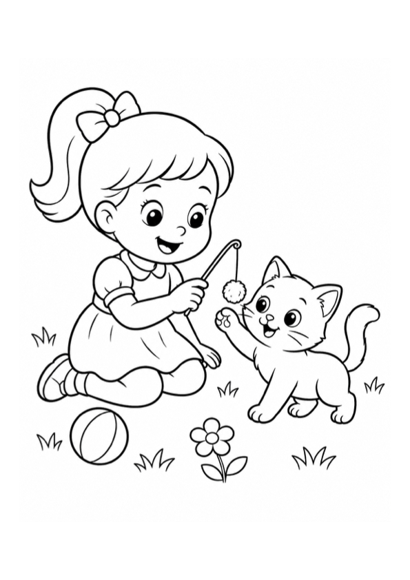 Girl Playing with a Kitten Coloring Page preview