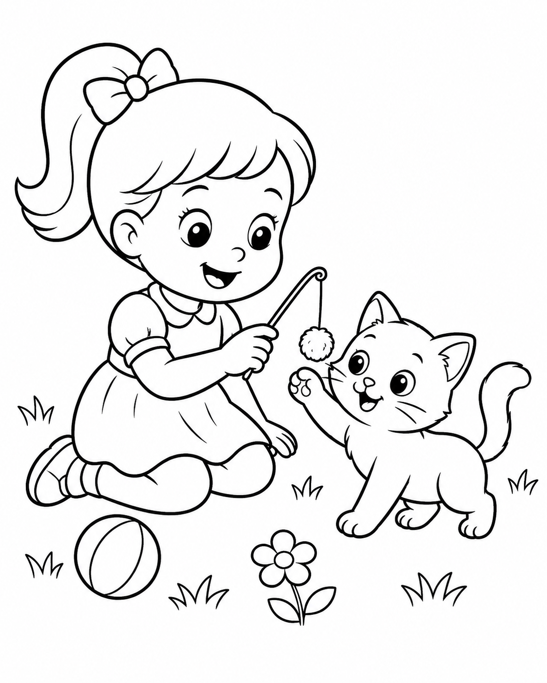 Girl Playing with a Kitten Coloring Page coloring page
