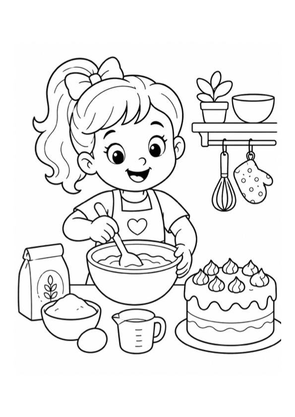 Girl Baking a Cake Coloring Page preview