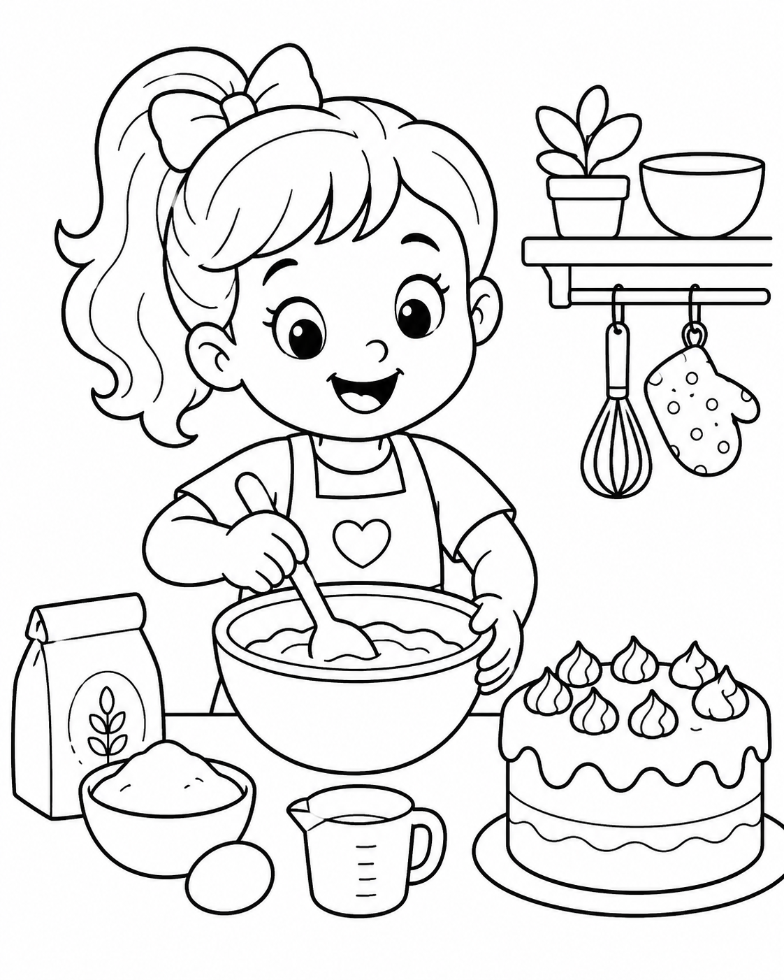 Girl Baking a Cake Coloring Page coloring page