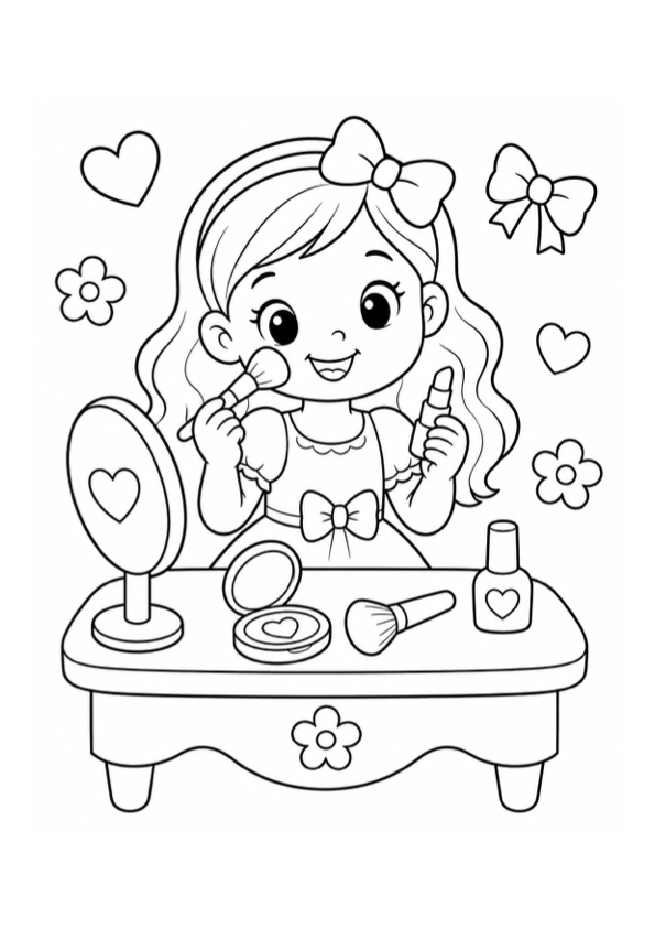 Girl Playing with Makeup Coloring Page coloring page preview