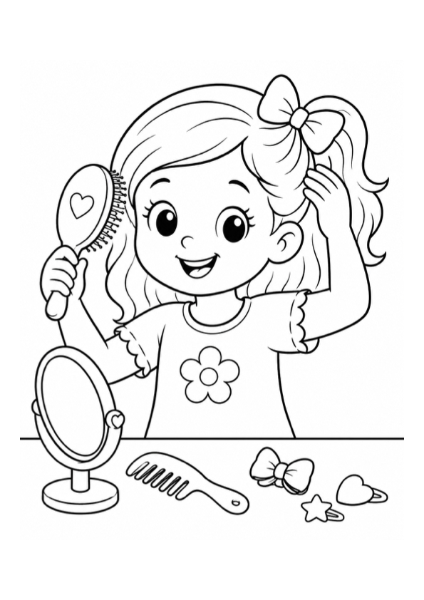 Girl Styling Her Hair Coloring Page preview