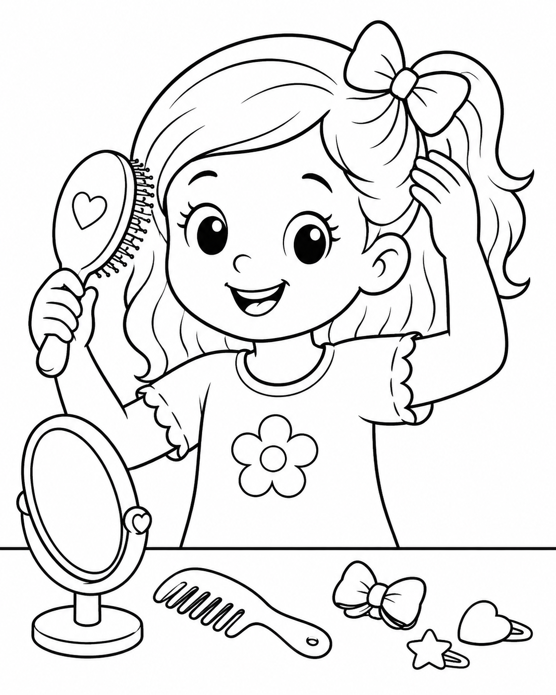 Girl Styling Her Hair Coloring Page coloring page