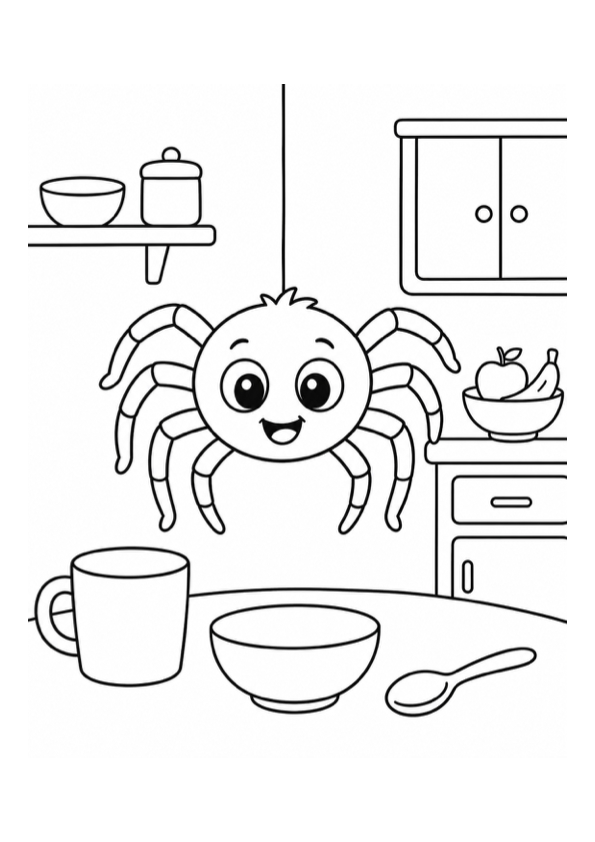 Cute Spider in the Kitchen Coloring Page coloring page preview