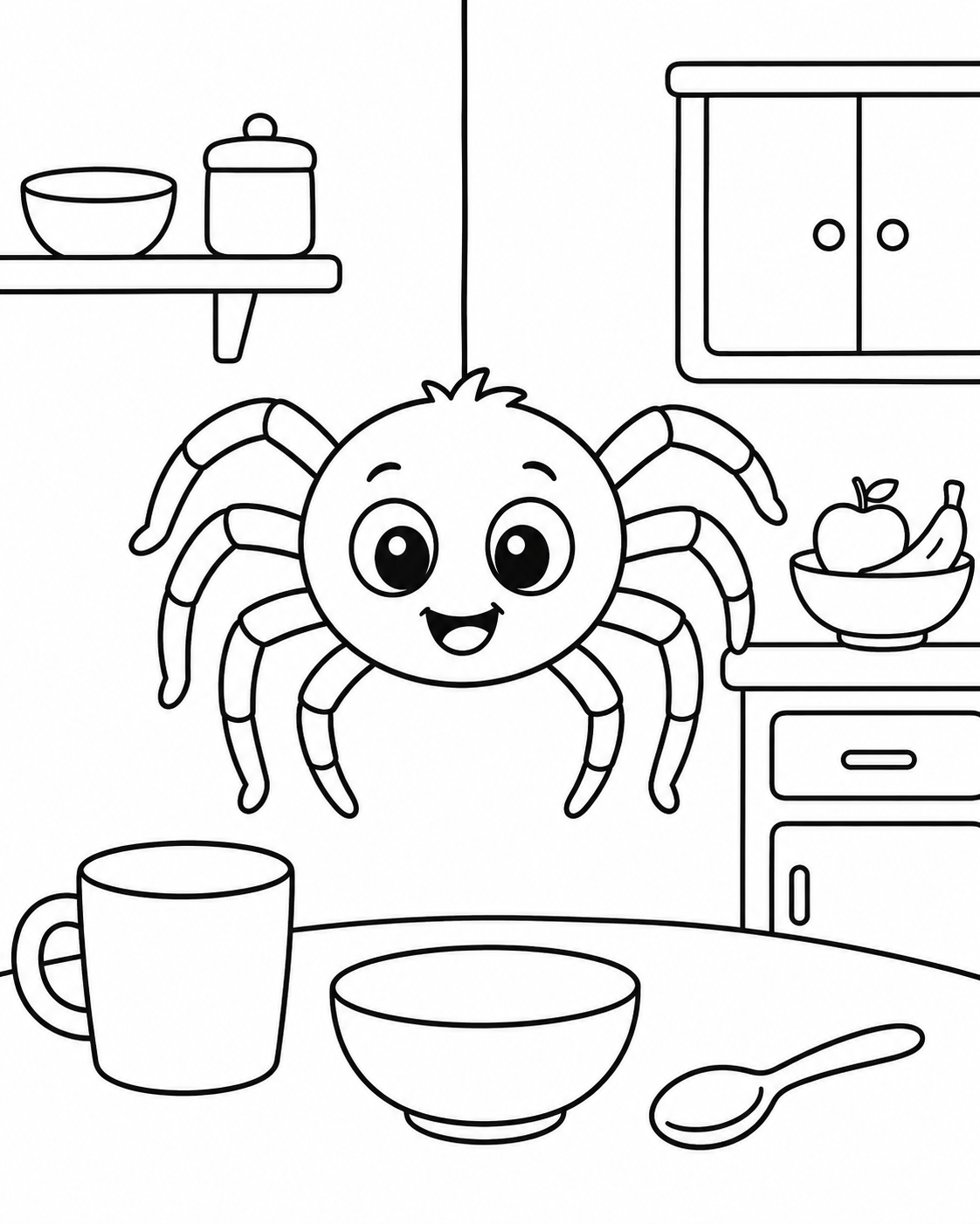 Cute Spider in the Kitchen Coloring Page coloring page