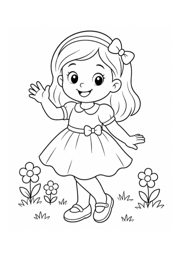 Cute Girl in a Dress Coloring Page preview