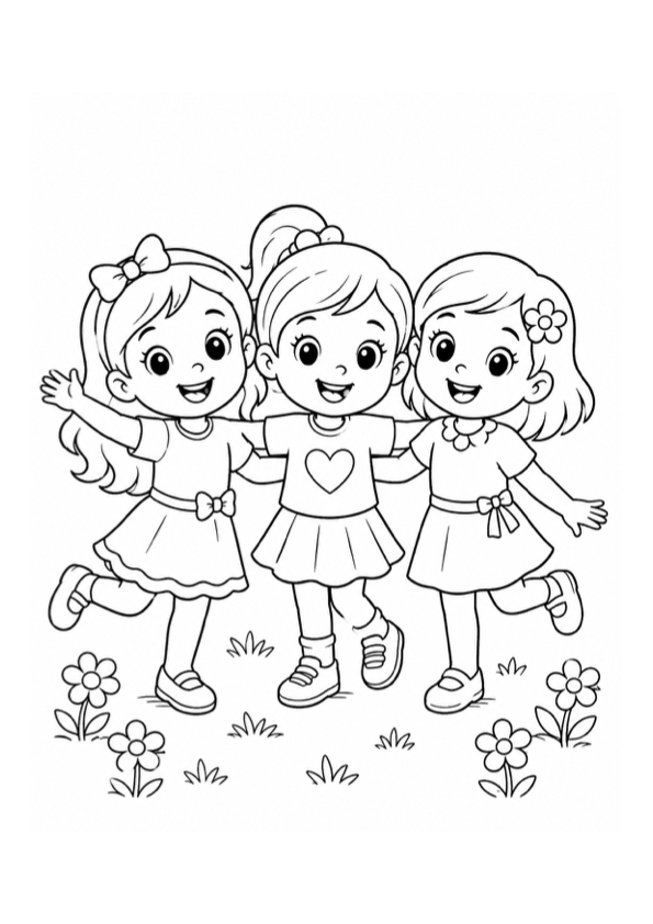 Happy Girls with Friends Coloring Page preview