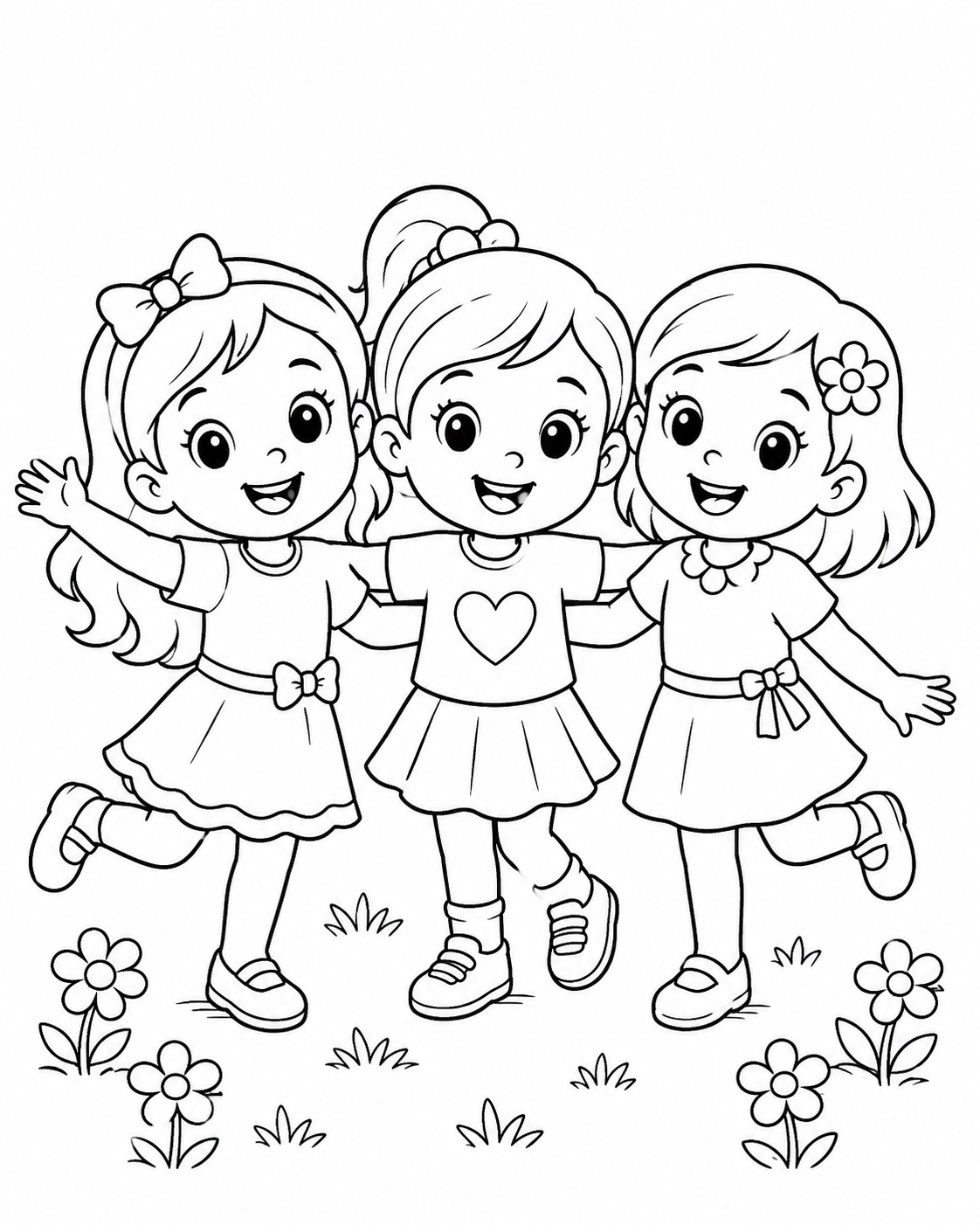 Happy Girls with Friends Coloring Page coloring page