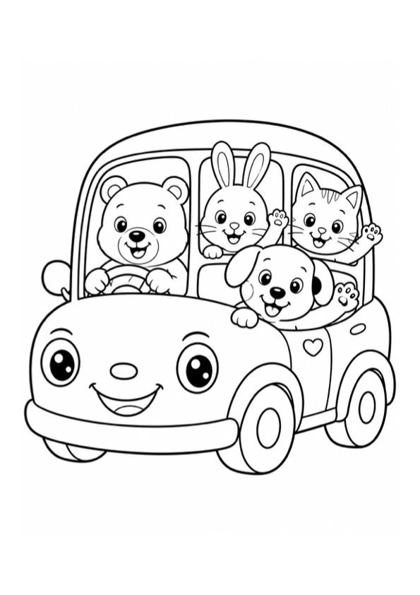 Animals in a Car Coloring Page preview