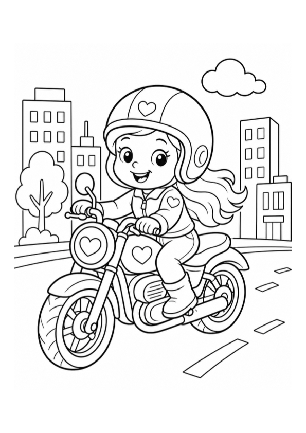 Girl Riding a Motorcycle in the City Coloring Page preview