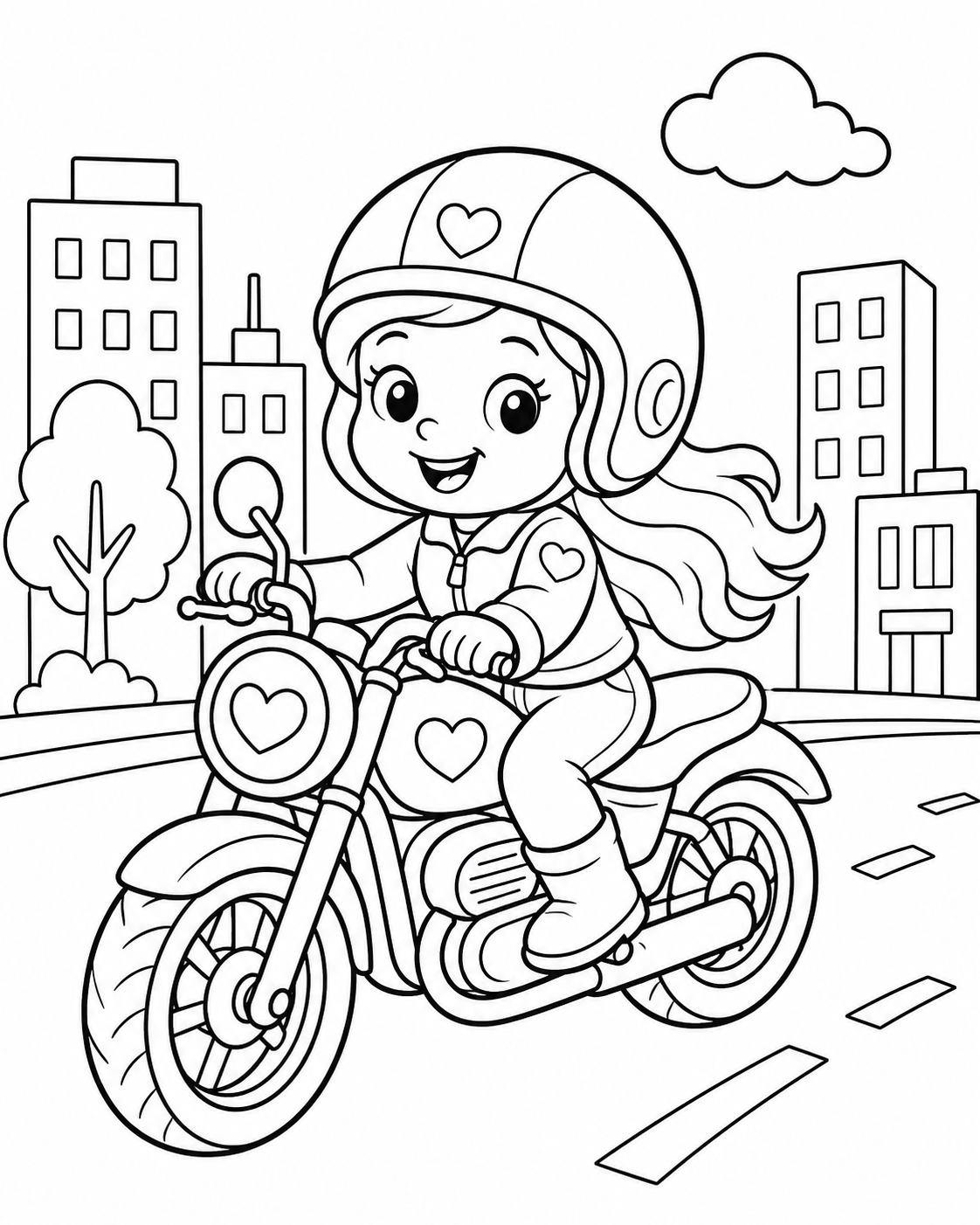 Girl Riding a Motorcycle in the City Coloring Page coloring page