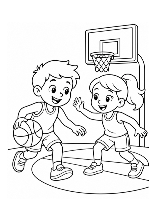 Boy and Girl Playing Basketball Coloring Page preview