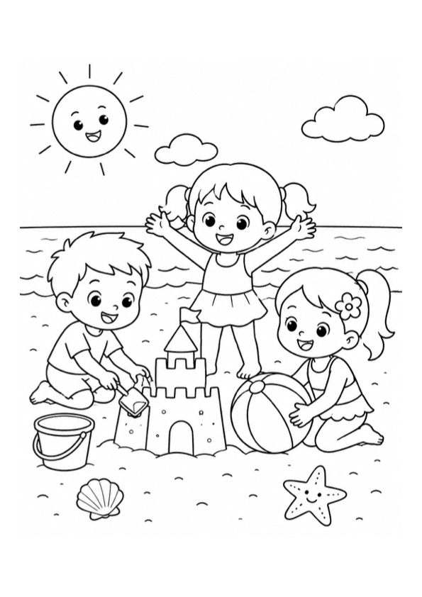 Kids Playing at the Beach Coloring Page preview