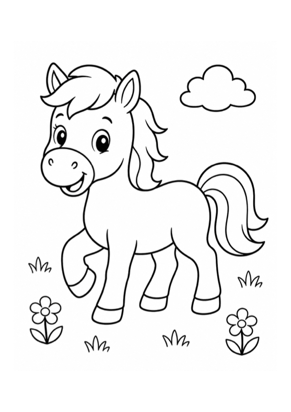 Friendly Pony in a Meadow Coloring Page preview
