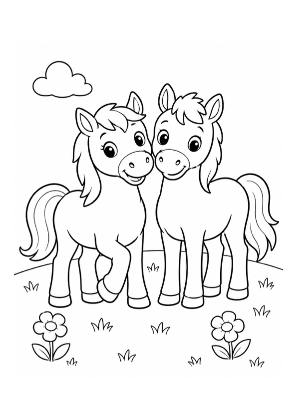 Friendly Ponies in a Meadow Coloring Page preview