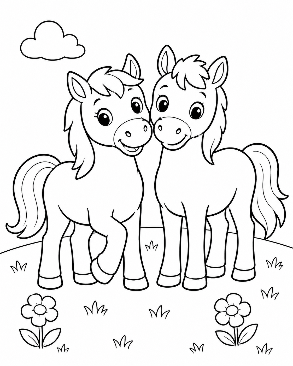 Friendly Ponies in a Meadow Coloring Page coloring page