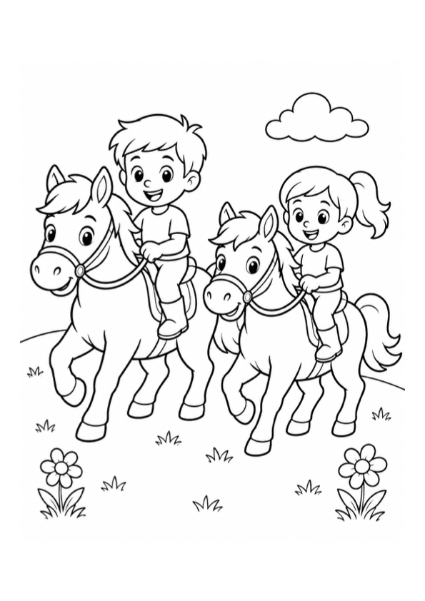 Children Riding Horses Coloring Page