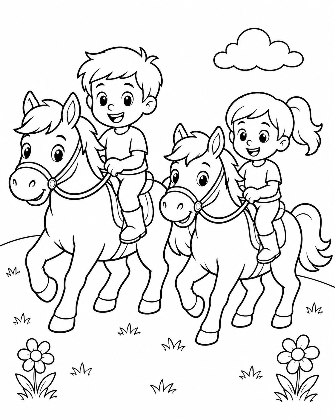 Children Riding Horses Coloring Page coloring page