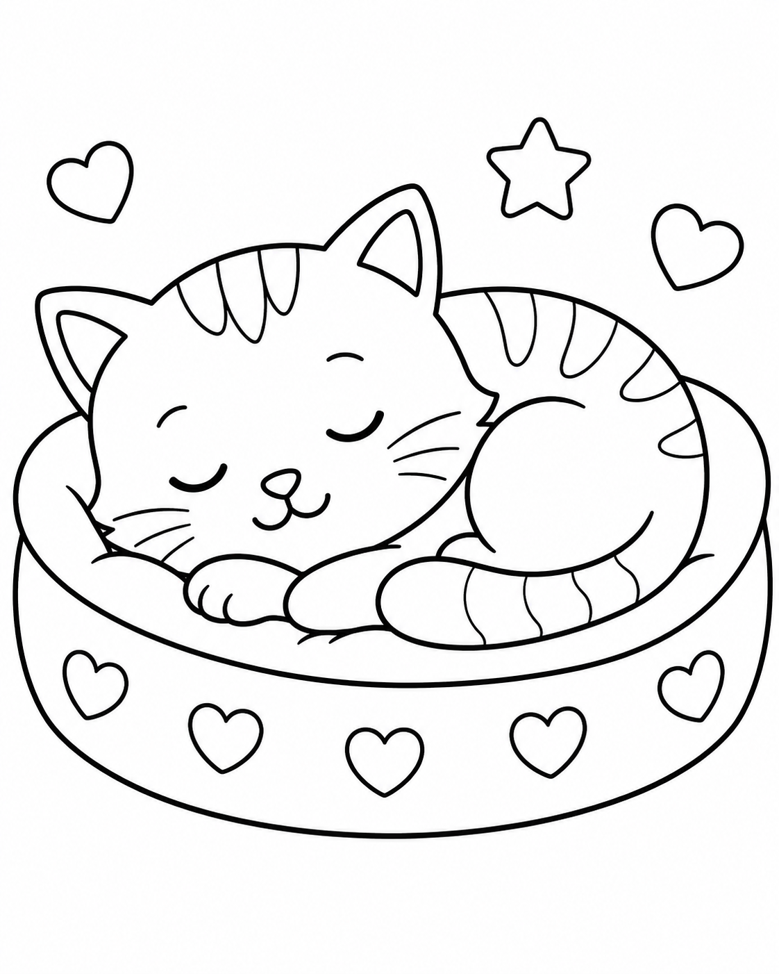 Sleeping Cat in a Cozy Bed Coloring Page coloring page
