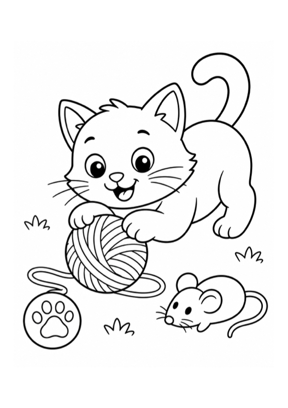 Playful Kitten with Yarn Coloring Page preview