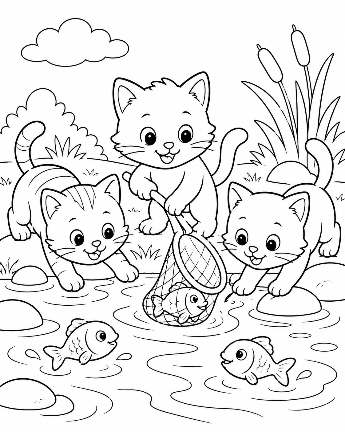 Kittens Catching Fish Coloring Page coloring page