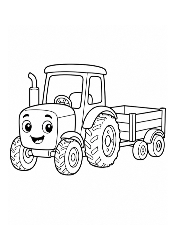Cute Tractor with Trailer Coloring Page preview