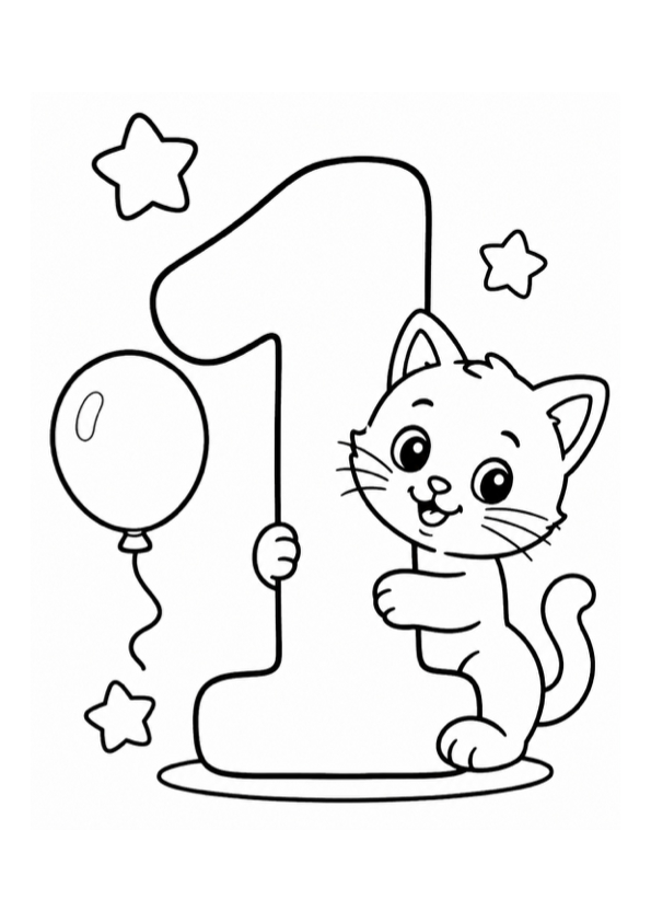Number One with Kitten Coloring Page