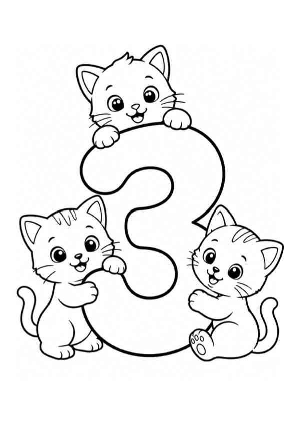 Number Three with Kittens Coloring Page preview