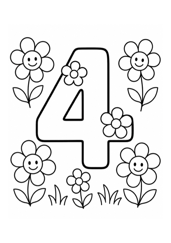Number Four with Flowers Coloring Page preview