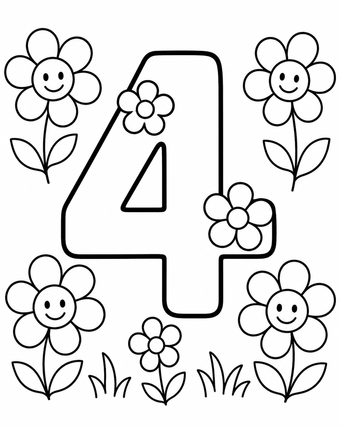 Number Four with Flowers Coloring Page coloring page