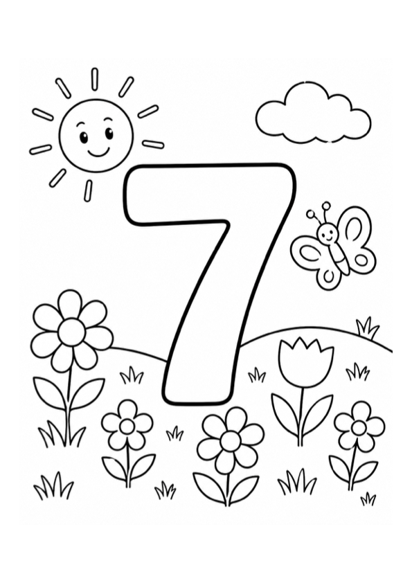 Number Seven in a Meadow Coloring Page preview