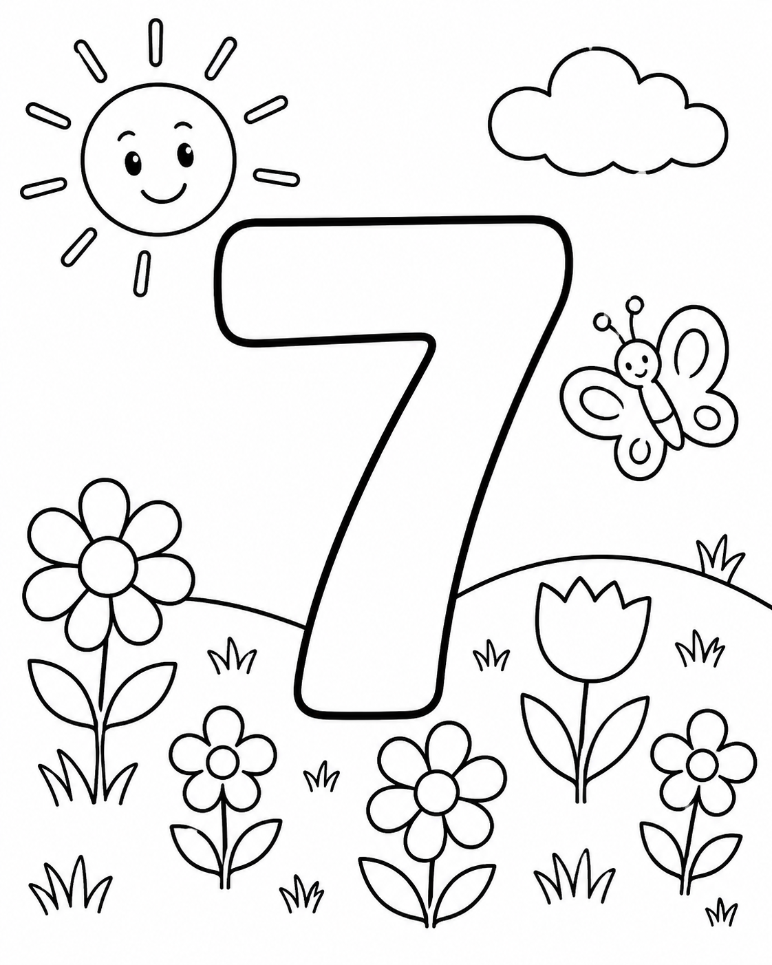 Number Seven in a Meadow Coloring Page coloring page