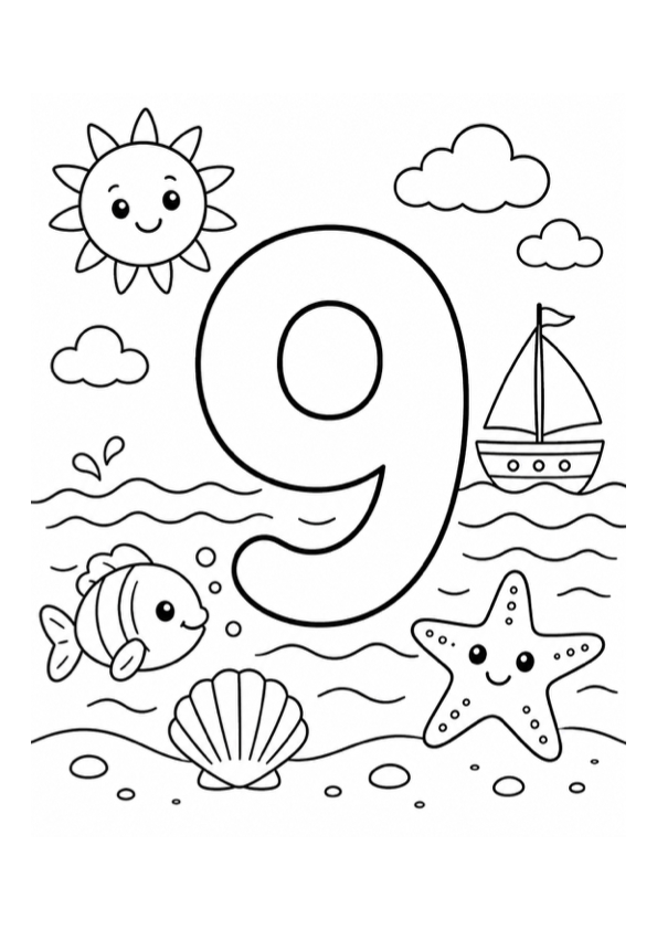 Number Nine in the Sea Coloring Page