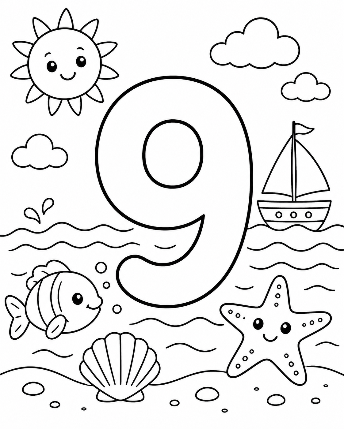 Number Nine in the Sea Coloring Page coloring page