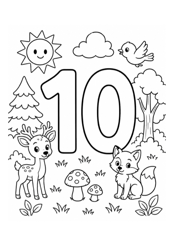 Number Ten in the Forest Coloring Page preview