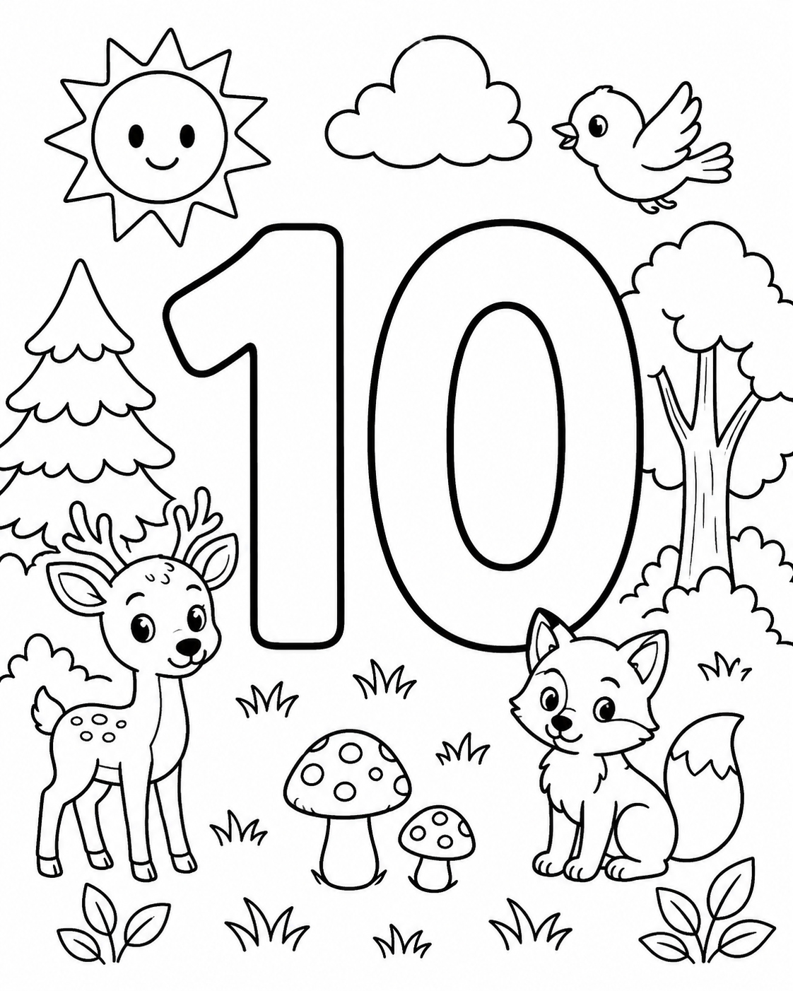 Number Ten in the Forest Coloring Page coloring page